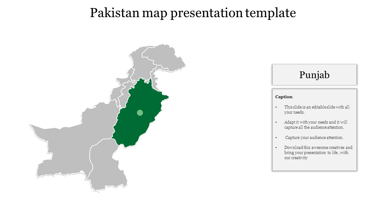 Pakistan map slide with the punjab region highlighted in green, accompanied by a text box for descriptions.