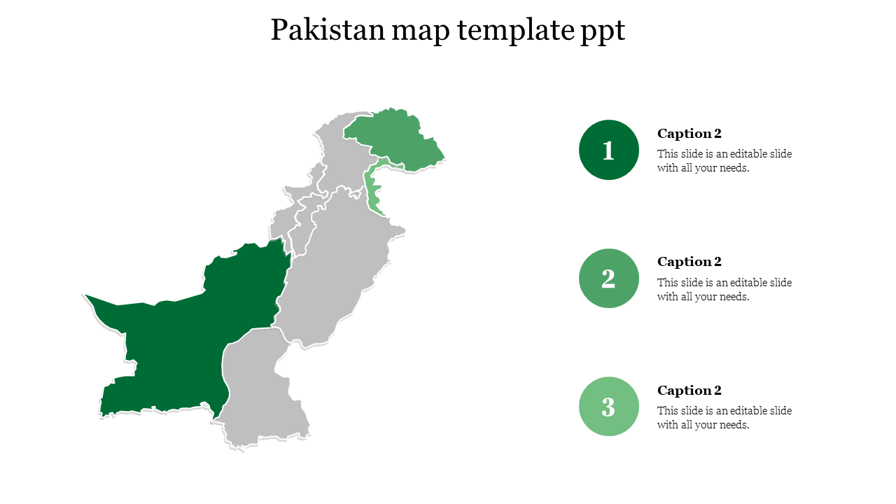 Slide showing a Pakistan map with three green highlighted areas, each linked to numbered captions.