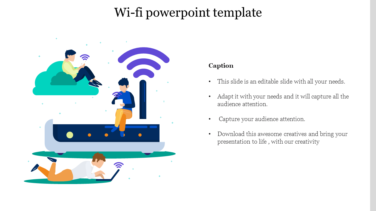 Colorful Wi Fi PowerPoint template featuring people using devices around a router with caption text.