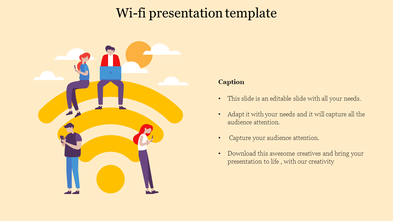 Illustration of people using devices while sitting on a large Wi-Fi symbol With text sections on a beige background.