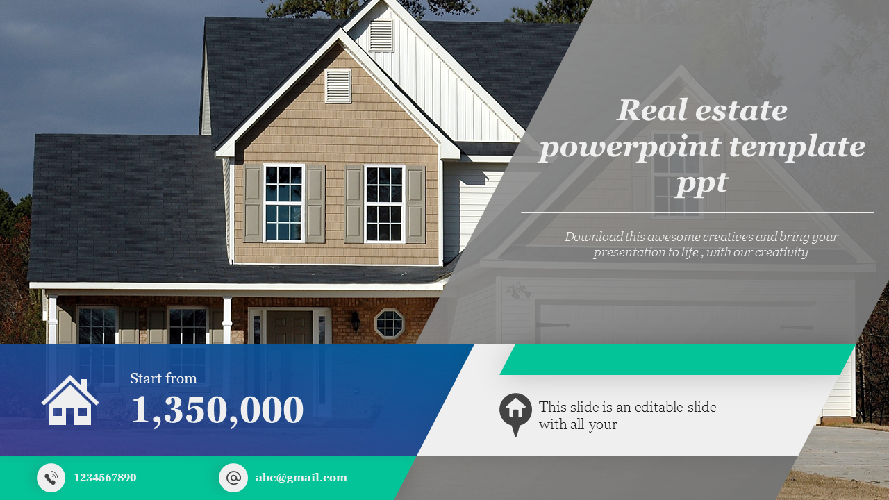 Real estate slide featuring a house image with price tag overlay, contact icons, and text on a diagonal banner.