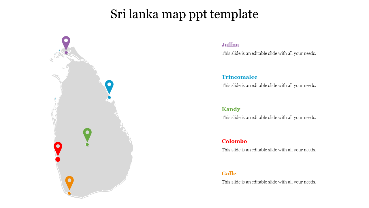 Sri Lanka map slide featuring five major cities with colorful map pins and corresponding text labels on the right.