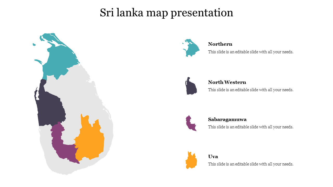 Map of Sri Lanka with four regions highlighted in teal, purple, yellow, and dark, listed with labels on the right.