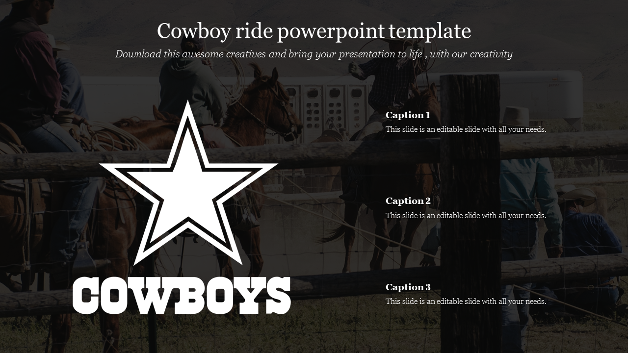 A cowboy ride PowerPoint template showcasing a silhouette of cowboys with a star graphic and captions.