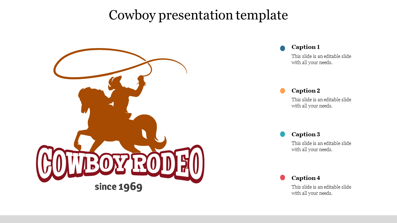 A colorful PPT slide featuring a cowboy illustration and captions, emphasizing the theme of rodeo.