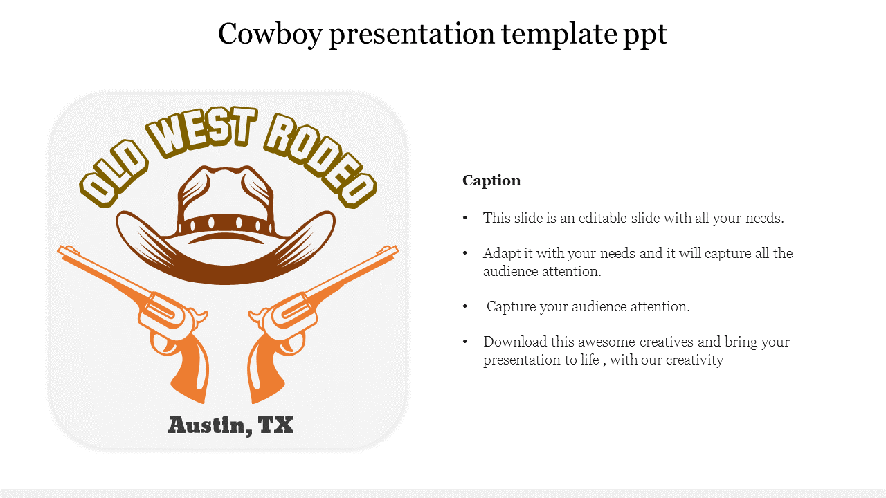 A colorful PowerPoint slide design showcasing a cowboy rodeo graphic and caption text.