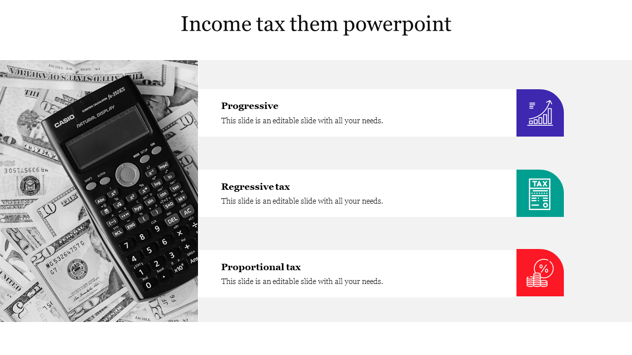 Income tax slide featuring progressive, regressive, and proportional tax types with icons and a calculator background.