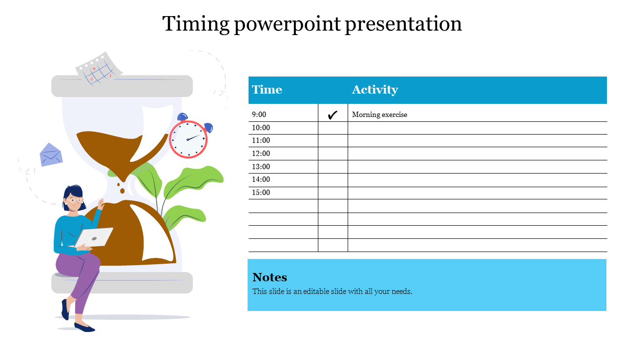 Timing PowerPoint slide with a daily schedule table and an illustration of a person sitting next to an hourglass.