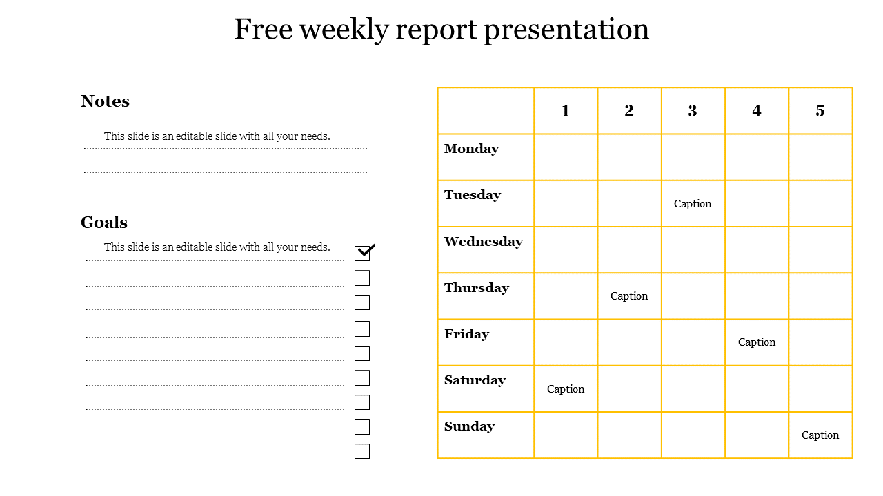 Weekly report layout with a goals checklist on the left and a yellow bordered table for days and columns on the right.