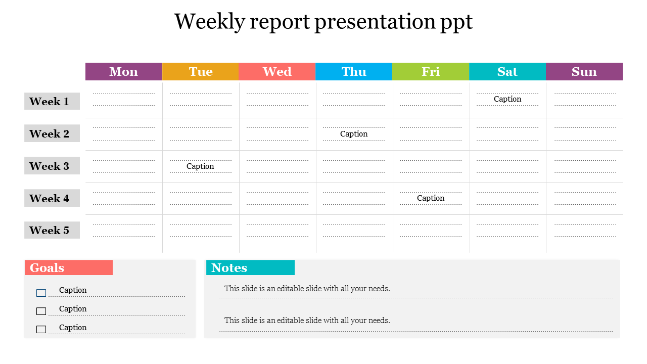 Weekly report slide showing a grid with five weeks and seven days plus sections for goals and notes at the bottom.