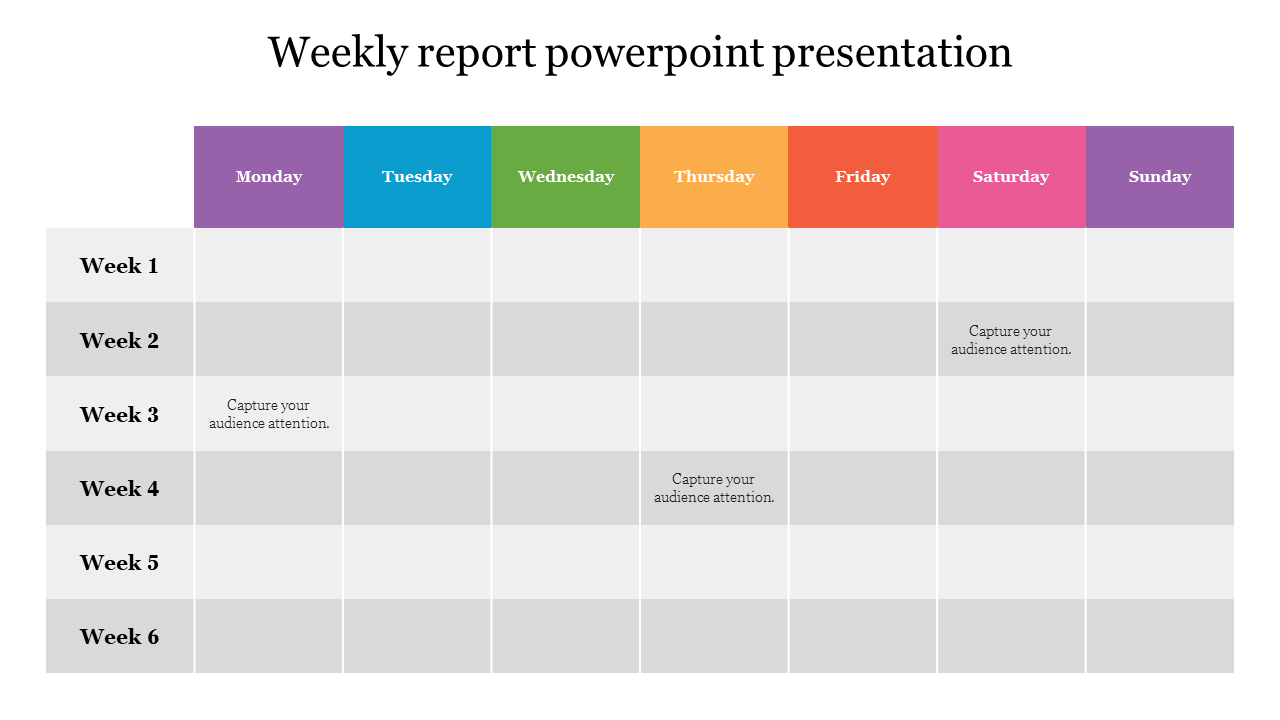 A weekly report layout with colored headers for each day of the week and space for tasks.