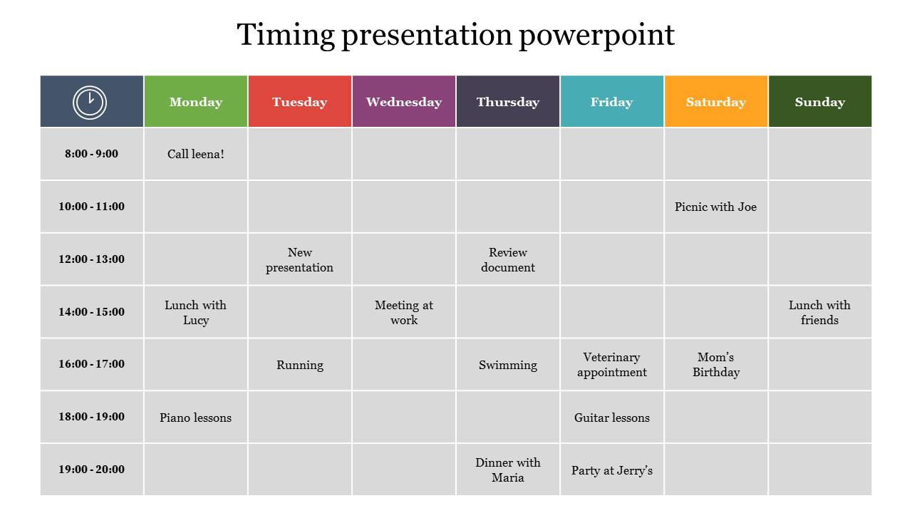 Colorful weekly schedule PowerPoint slide with time slots for each day of the week.