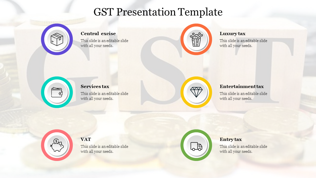 GST infographic with six colored icons, including a box, wallet, and diamond, representing tax category with caption areas.