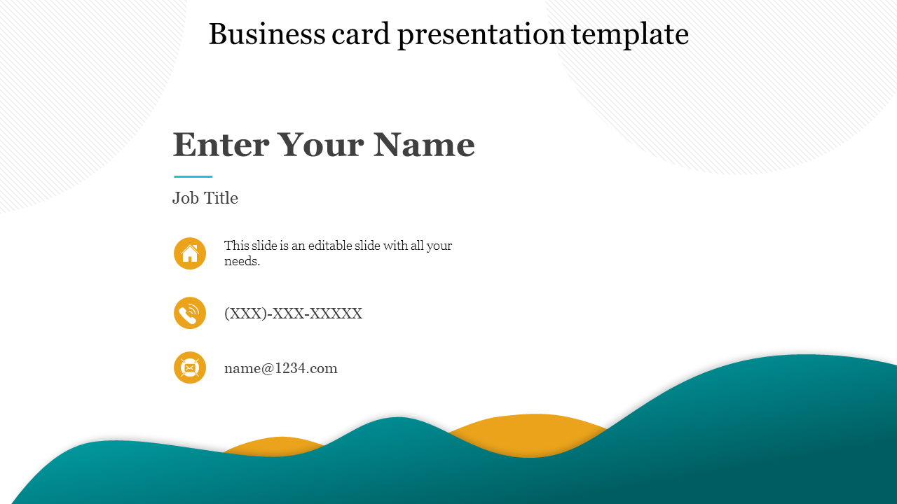 Minimalist business card template featuring placeholders for name, contact info, and icons, with teal and orange wave design.