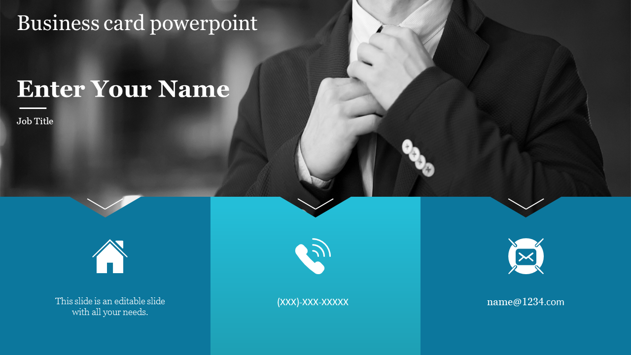 Business card PowerPoint layout with icons for home address, phone, and email on a blue background.