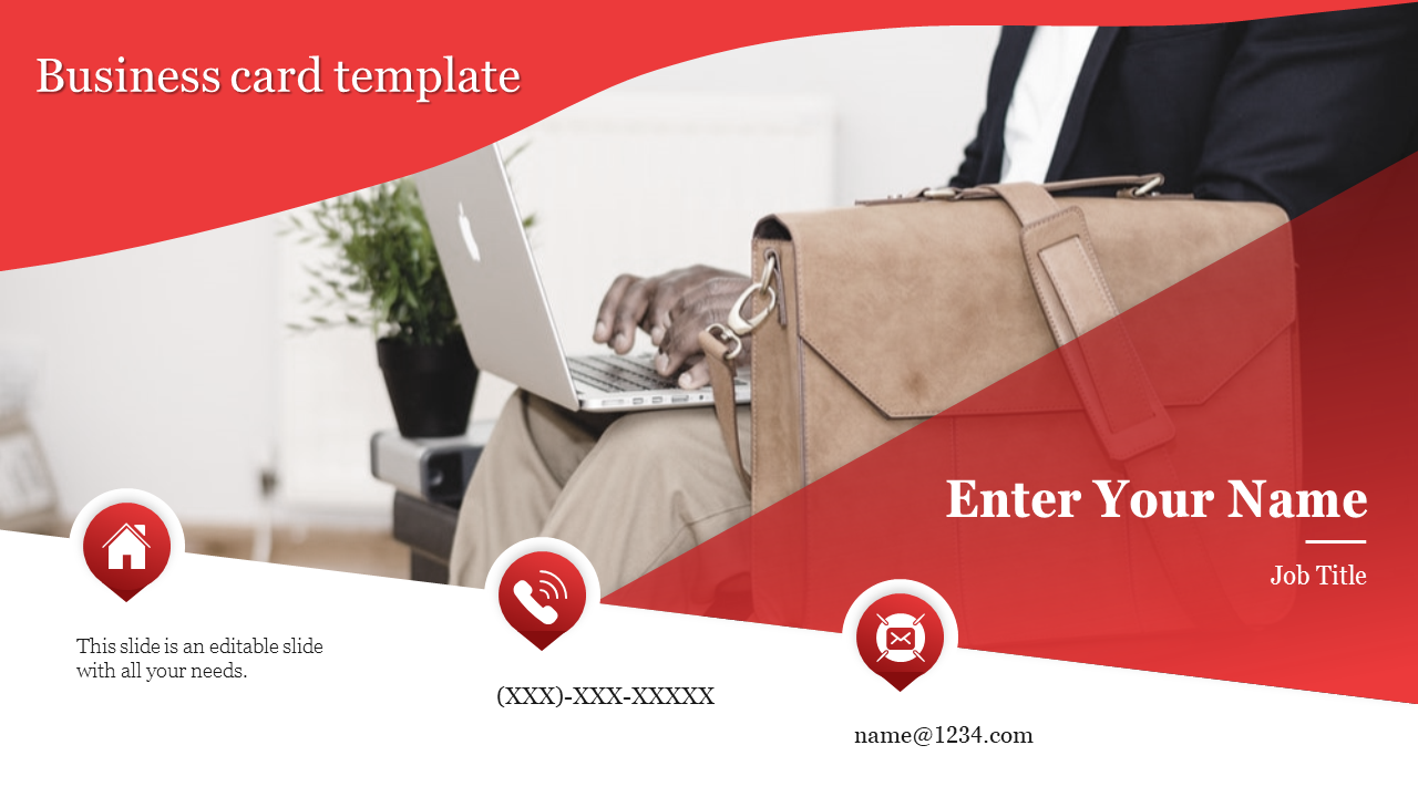 Red and white business card layout with curved red shapes, three icons in circles, and an image of a laptop and leather bag.