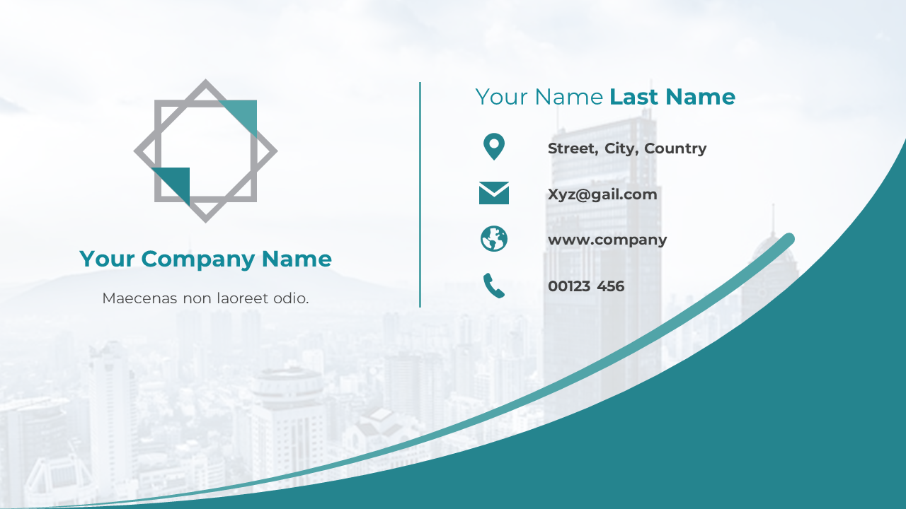 A business card design with company logo on the left and contact details, featuring teal accents and a city background.