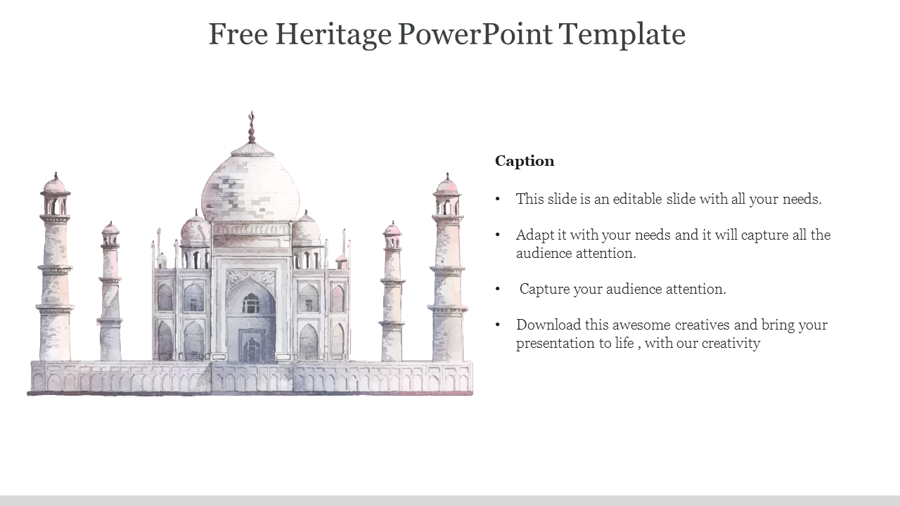 Elegant slide displaying a detailed drawing of the Taj Mahal, representing cultural heritage with caption.