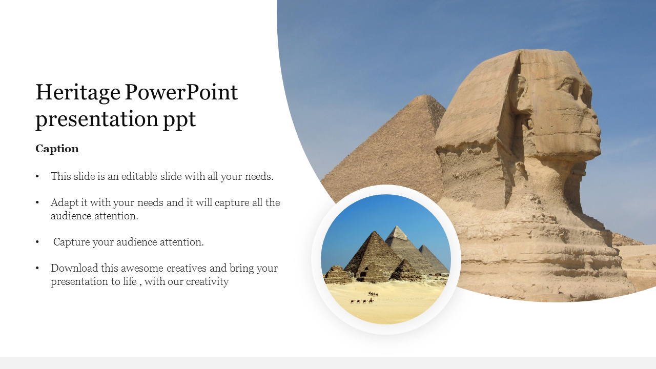 The Sphinx and pyramids on a heritage-themed slide, with a circular image of pyramids and camels in the desert.