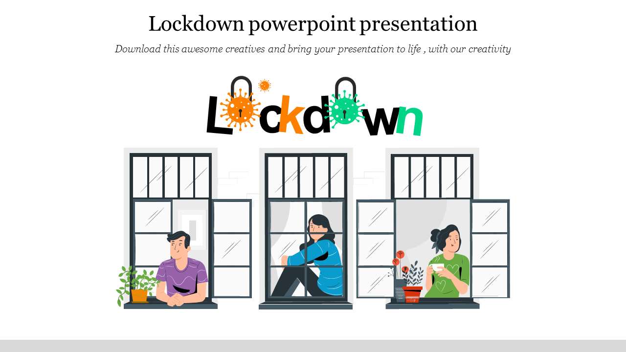 Lockdown illustration with individuals staying indoors, framed by windows, and a stylized lockdown text above.