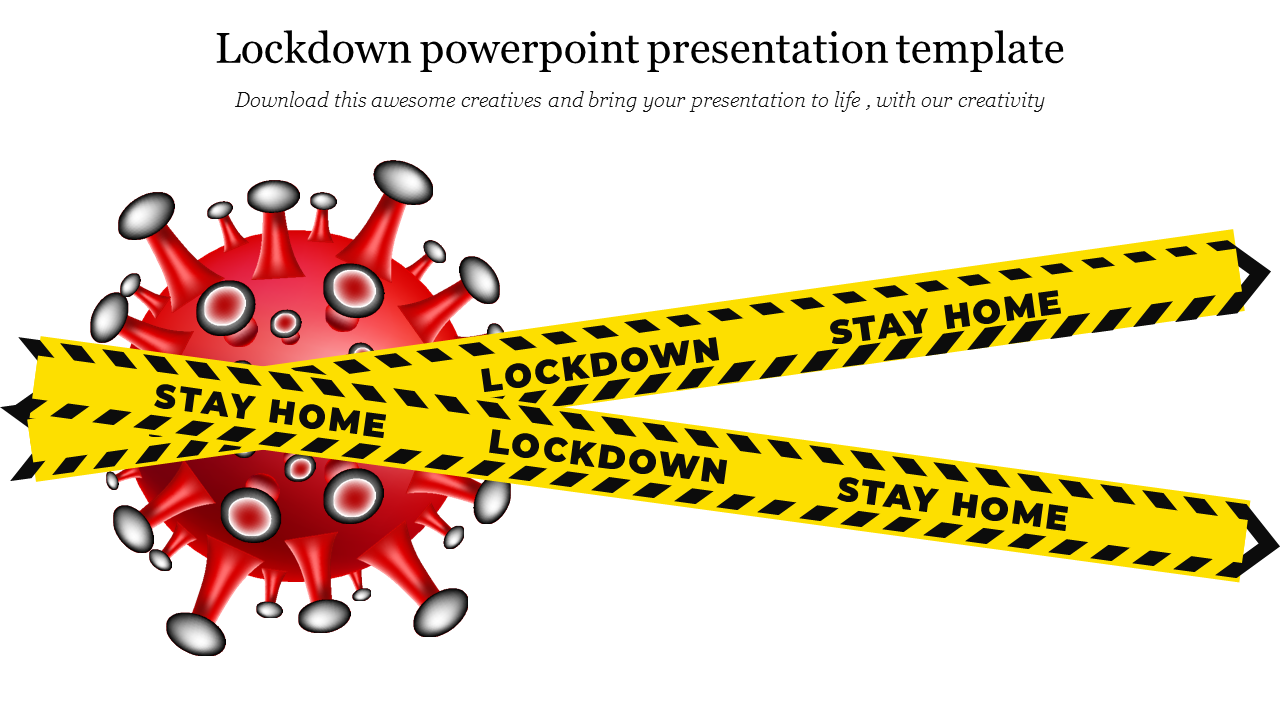 Two yellow caution tapes labeled lockdown and stay home crossing over it, symbolizing restrictions during the pandemic.