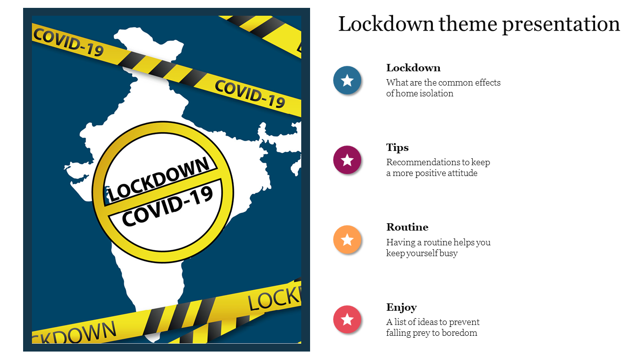 PowerPoint slide featuring a lockdown theme with a map of India, COVID 19 lockdown tape, and tips for home isolation.