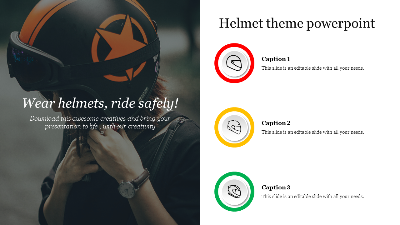 Helmet safety themed PowerPoint slide with a message encouraging safe riding and colorful helmet icon captions.