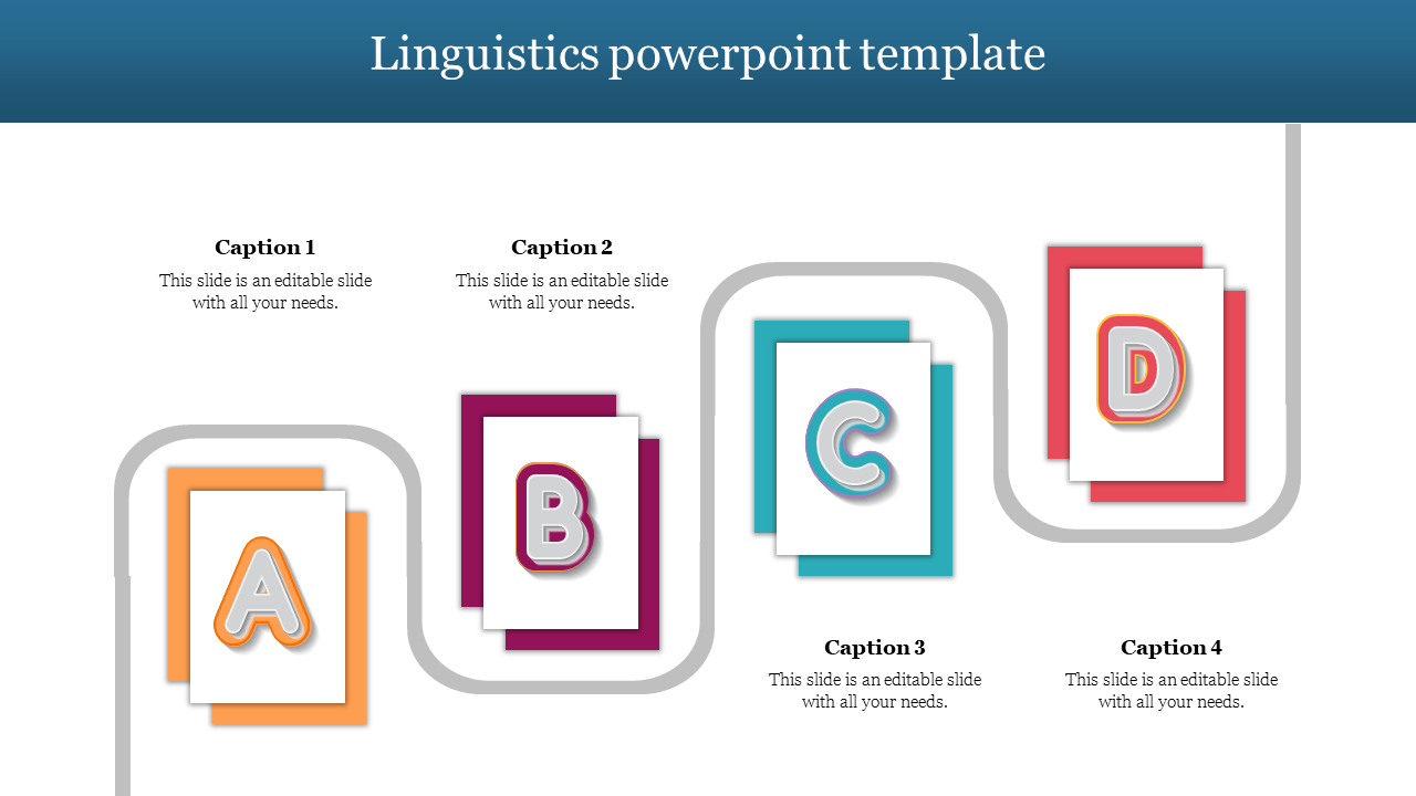 Linguistics PowerPoint template with alphabet blocks A, B, C, and D, each with captions for text.