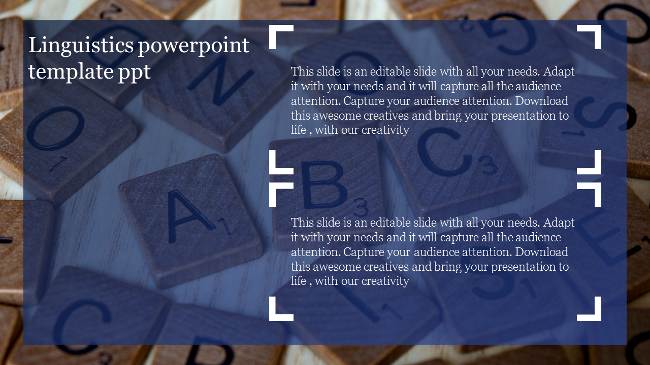 A linguistics slide featuring wooden letter tiles arranged on a table with placeholder text.