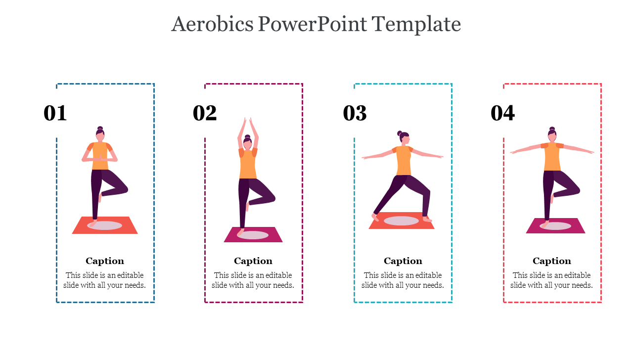 Four illustrations of a person performing yoga poses on a mat, each in a bordered box with captions below.