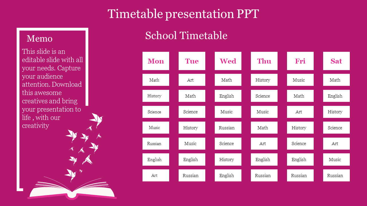 Timetable slide featuring a structured school schedule and an artistic book with flying birds design on a pink backdrp.