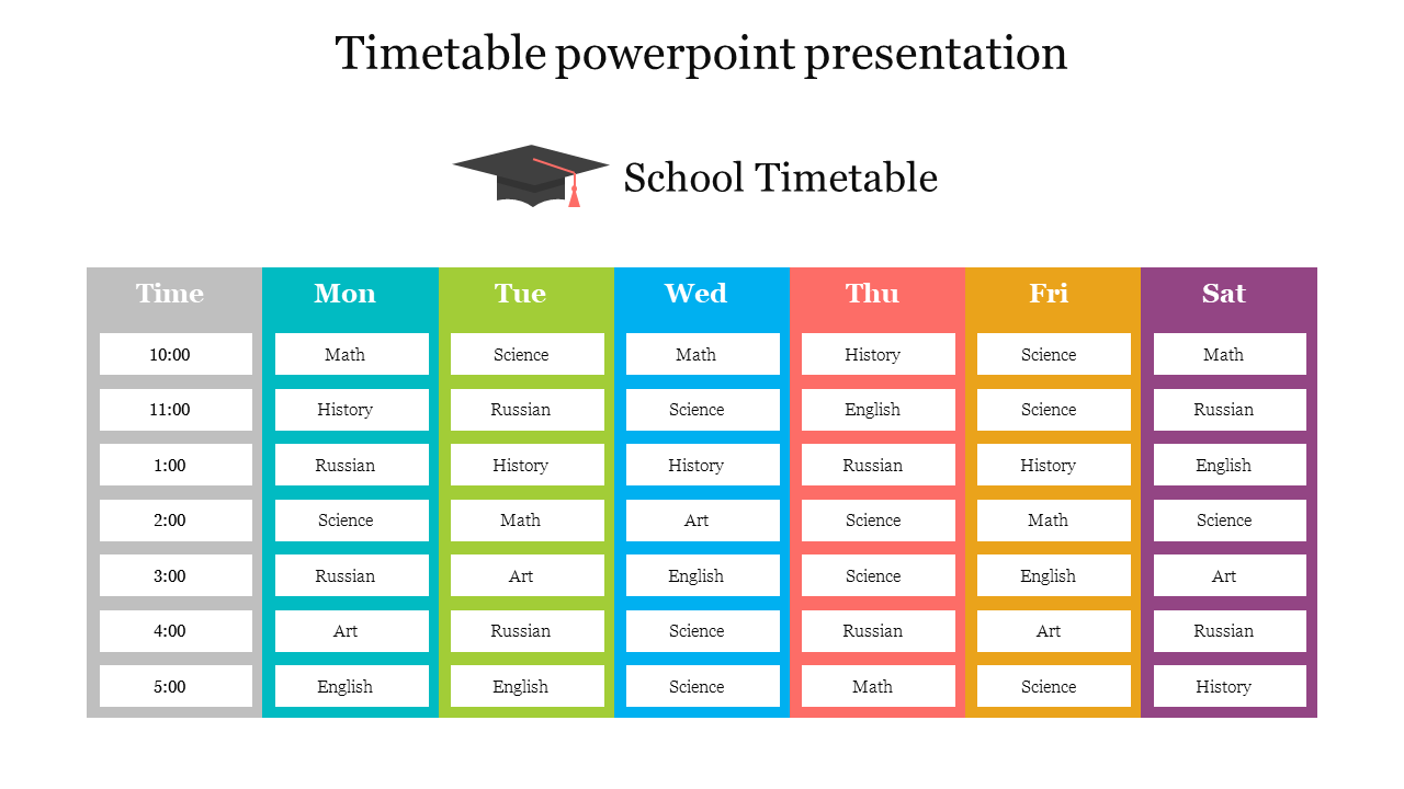 Weekly school timetable displayed in a colorful grid with subjects organized by day, with a graduation cap at the top.