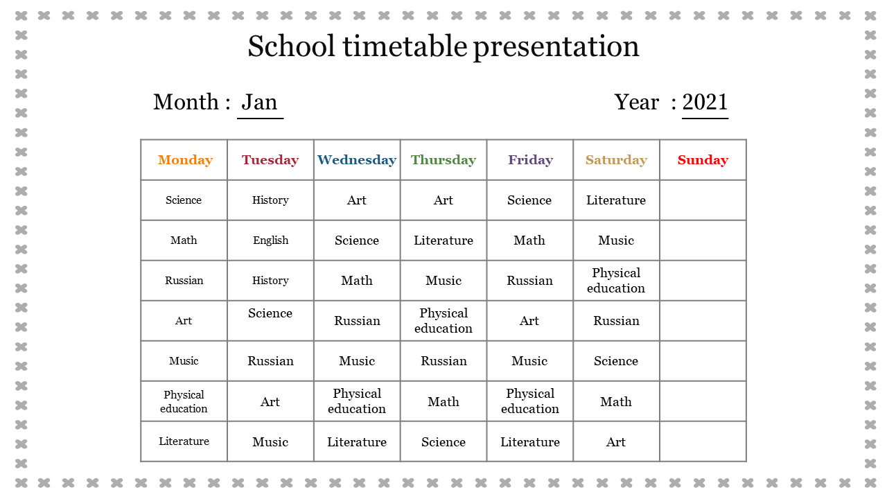 A slide with a school timetable for January 2021, listing subjects from Monday to Sunday on a white background with frame.