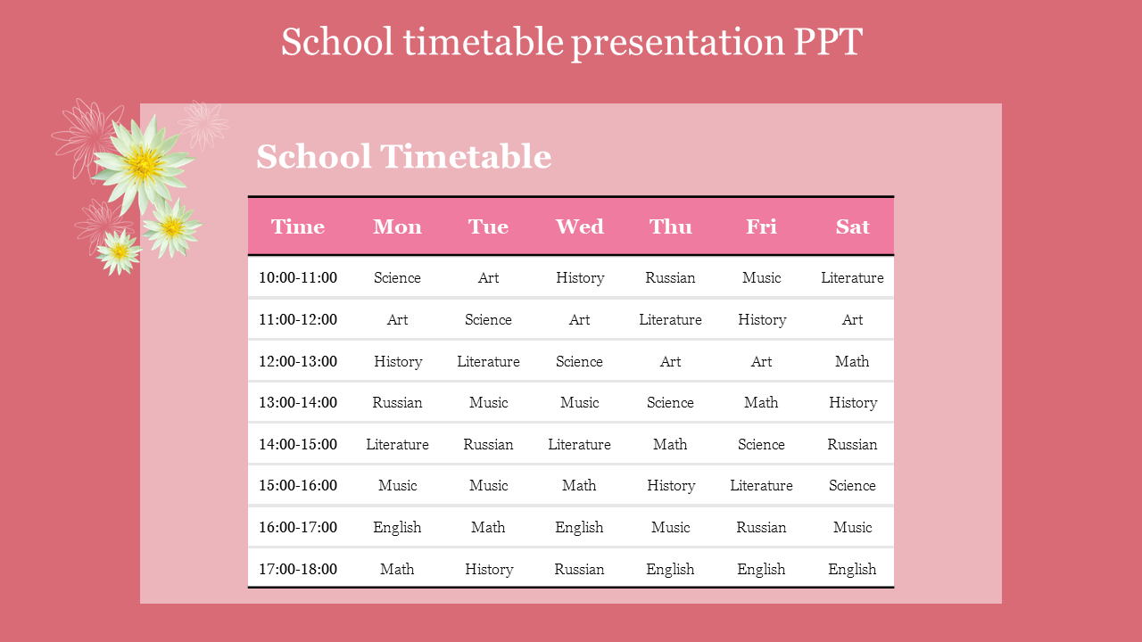 Pink themed school timetable table showing subjects across days of the week, with decorative flowers on the left side.