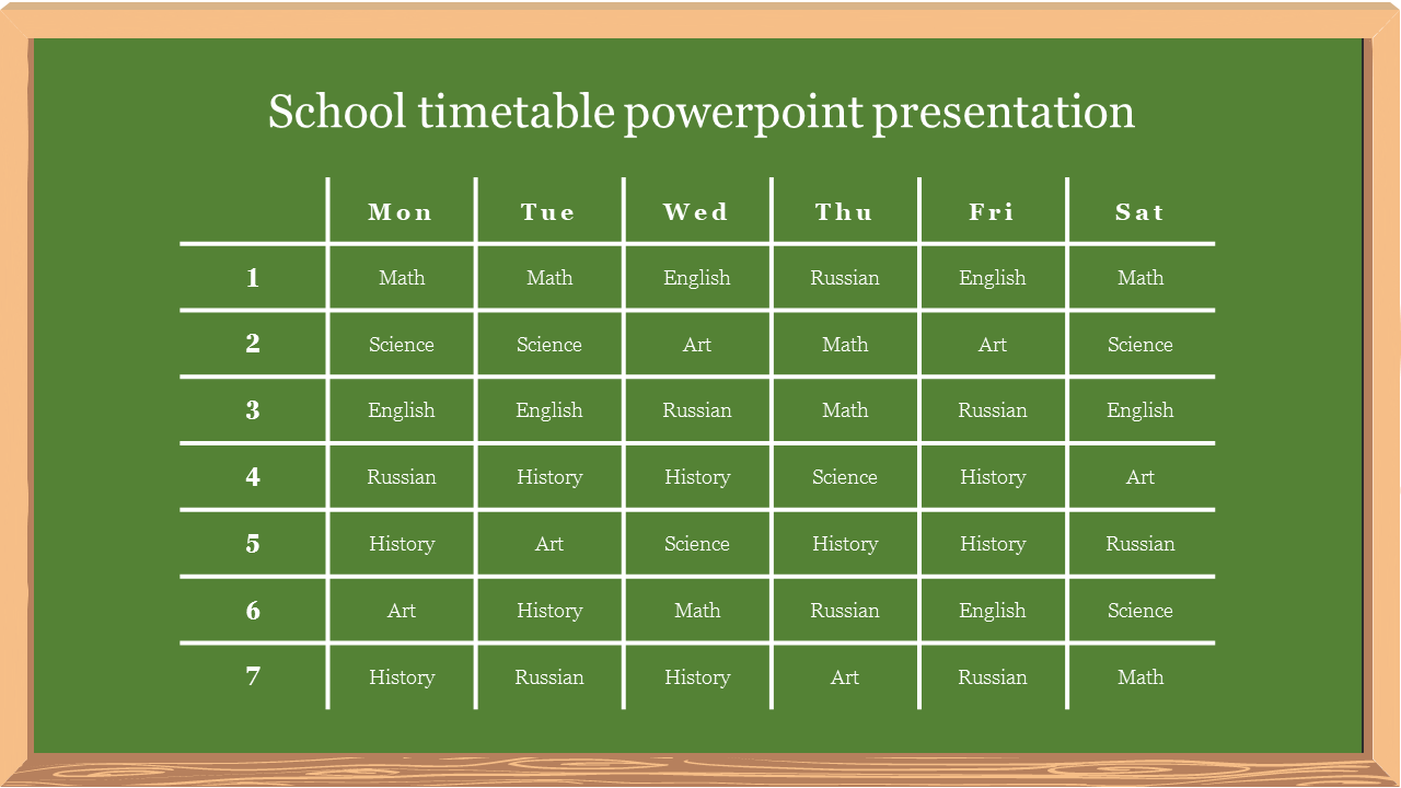 School timetable slide displayed on a green chalkboard, showing a weekly schedule of subjects.