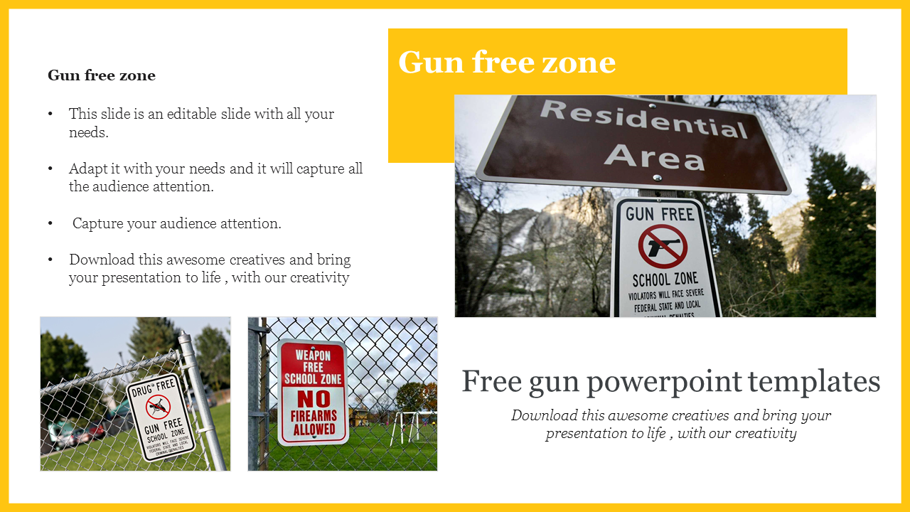 Gun-free slide with various images of signs declaring areas, set against a bright yellow background.