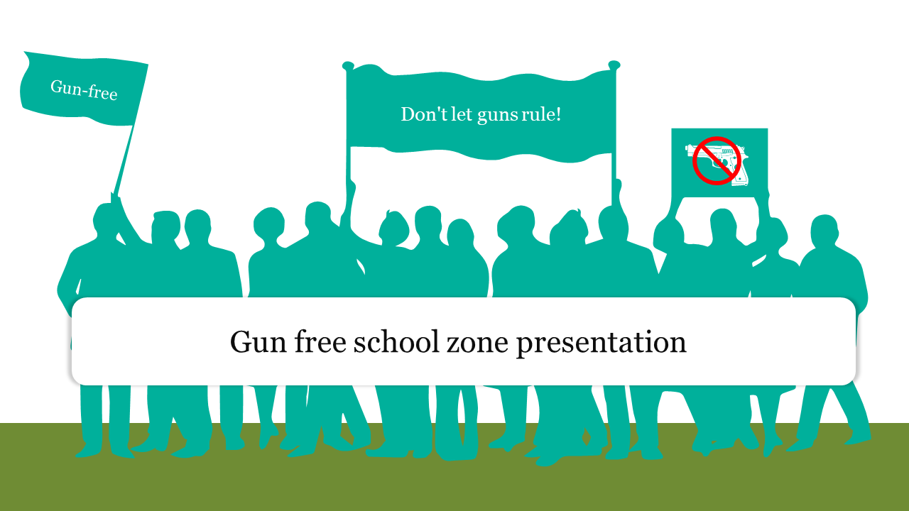 Slide featuring teal silhouettes of people holding banners and signs promoting anti gun messages.