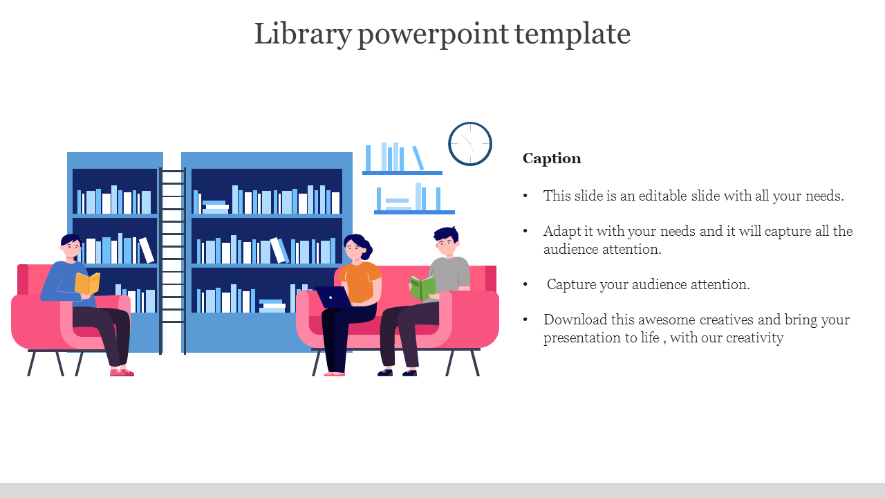 Slide with a library scene featuring bookshelves, a ladder, and three individuals sitting on pink chairs, with captions.