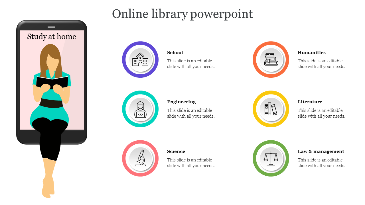 Online library concept showing a reading woman inside a smartphone and academic icons for science and humanities.