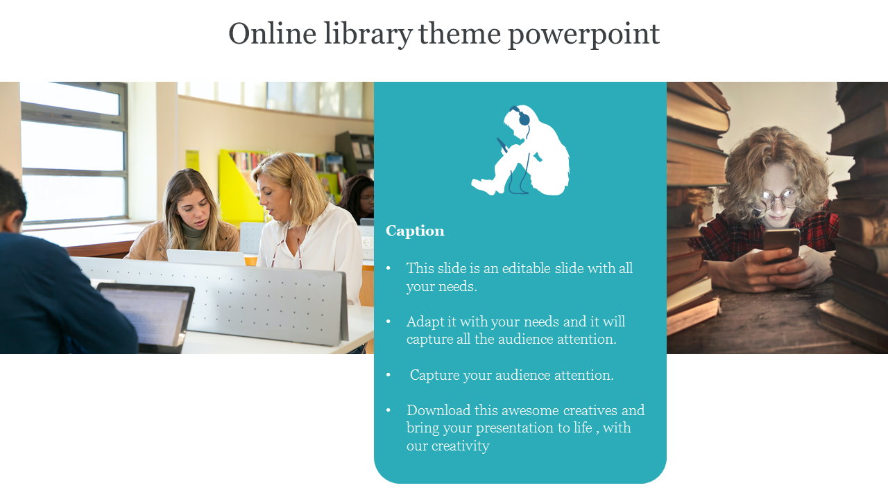 Library slide with images of students using laptops and a child reading on a phone among books, with a central blue text box.