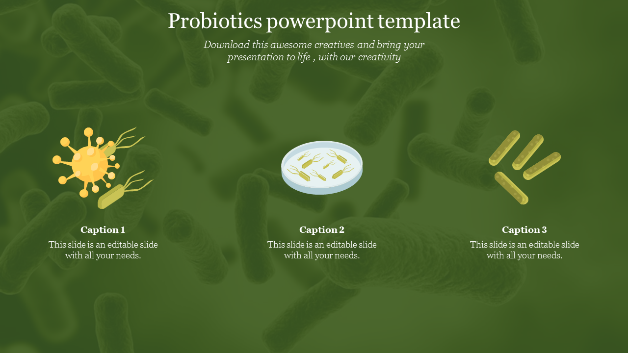 Three illustrations of probiotics and bacteria, set on a green background, each with a caption underneath.