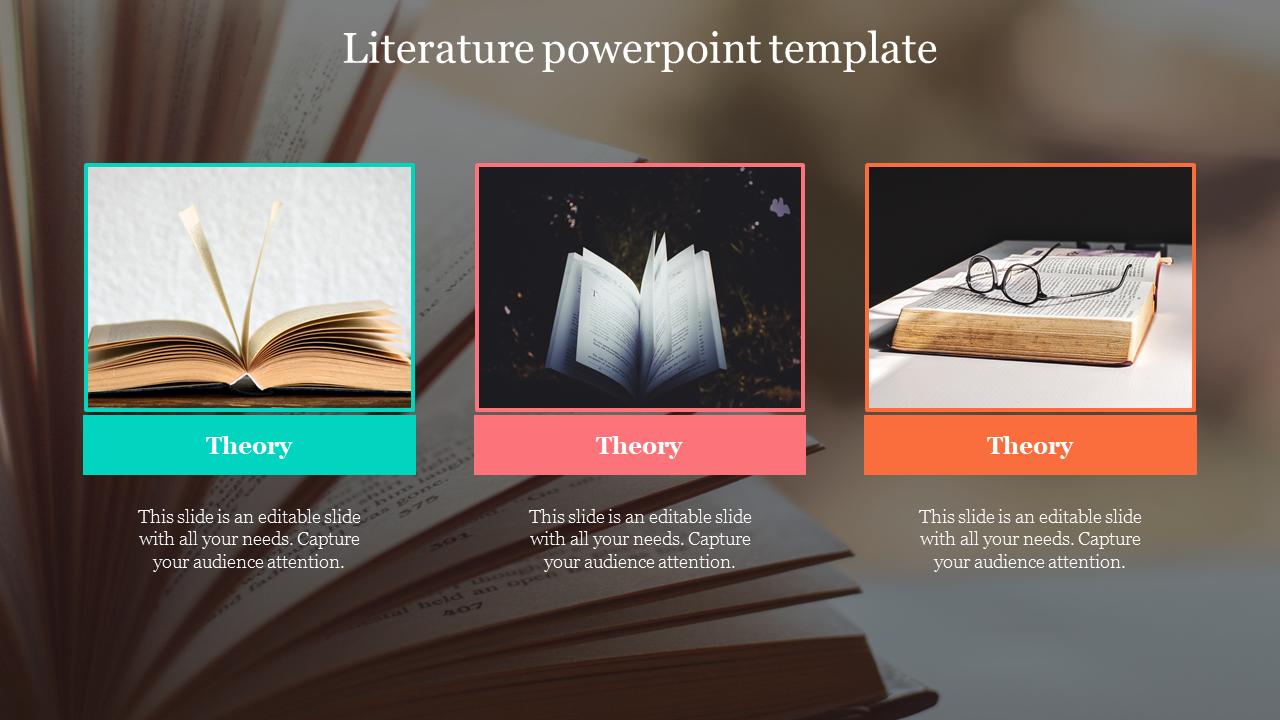 Literature-themed slide with three book images in teal, pink, and orange frames, each with a title.