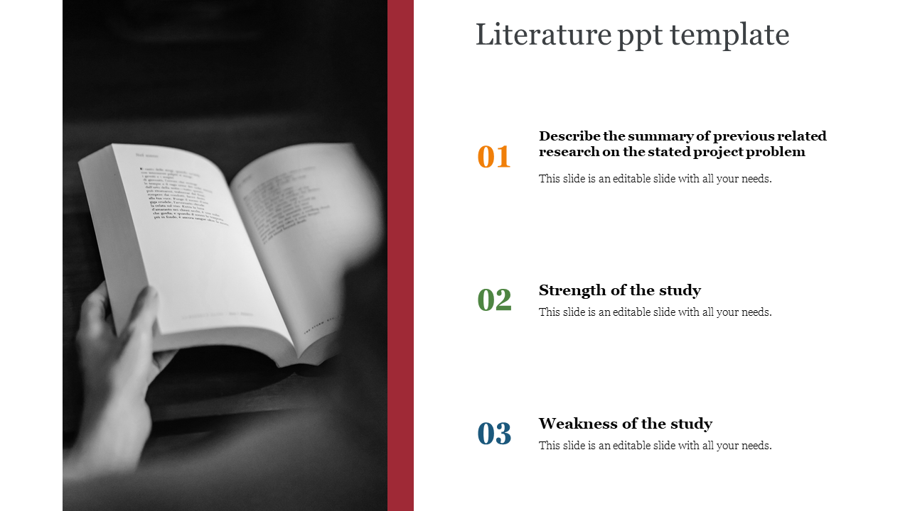 Monochrome photo of an open book, alongside a text section with three colored, numbered points for literature review.