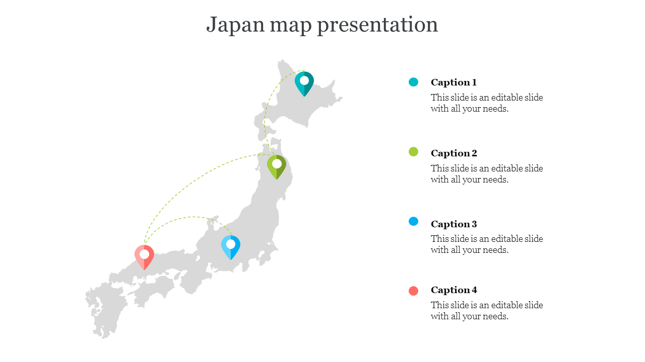 A slide showing a map of japan with four location markers in different colors, along with captions on the right.