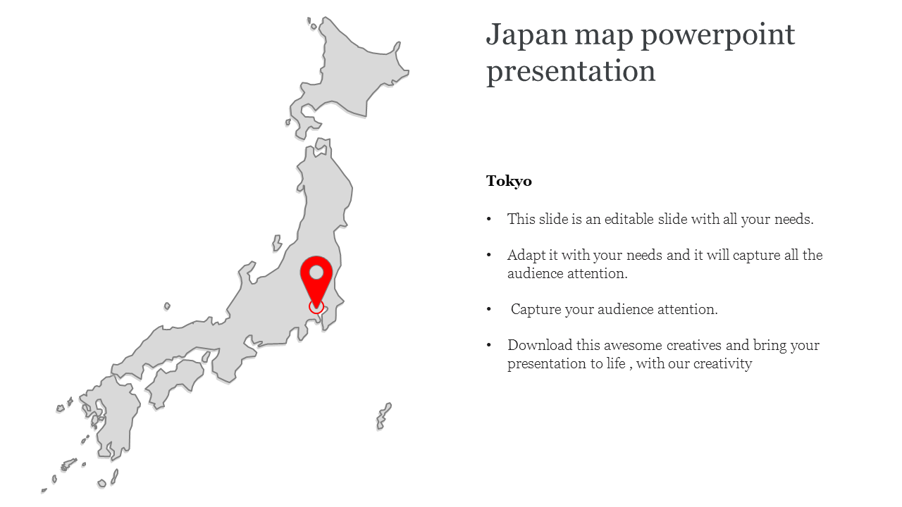 Gray map of Japan with a red pin marking Tokyo, with text information on the right side.