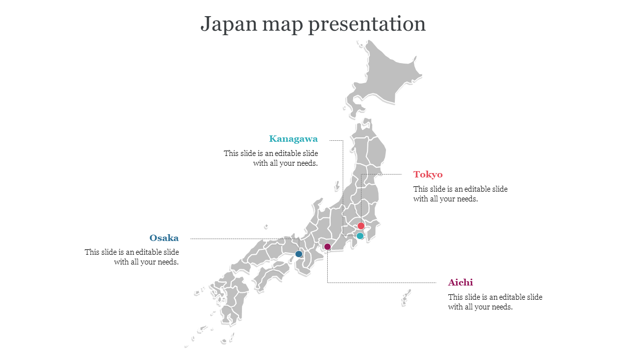 Gray map of Japan highlighting key regions like tokyo, kanagawa, osaka, and aichi, with placeholder text for each location.