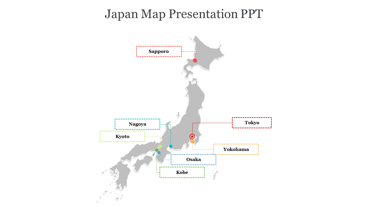 Simple gray map of Japan with seven colorful dotted lines and markers highlighting specific areas in a text box.