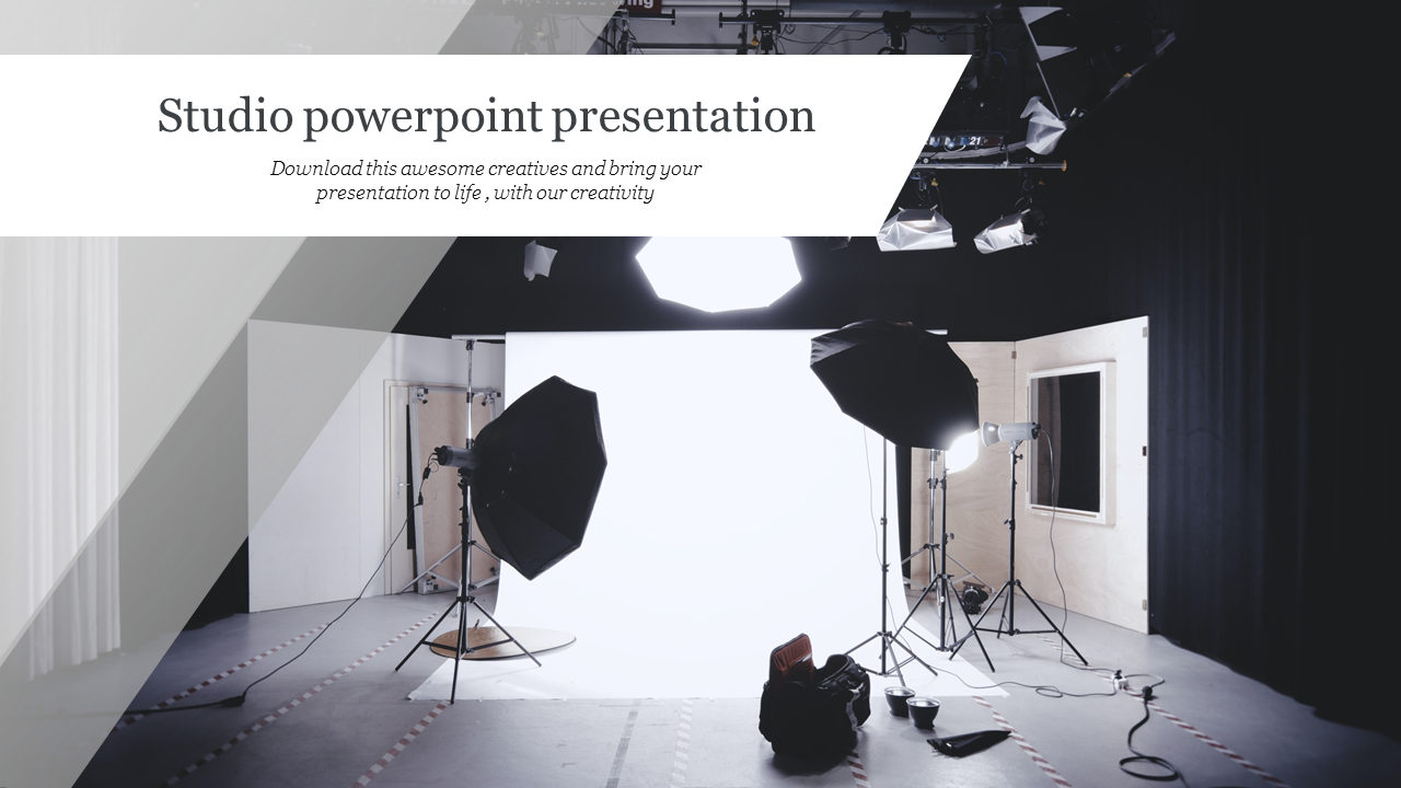 Professional studio setup with softbox lights, white backdrop, and a modern overlay banner featuring the presentation title.