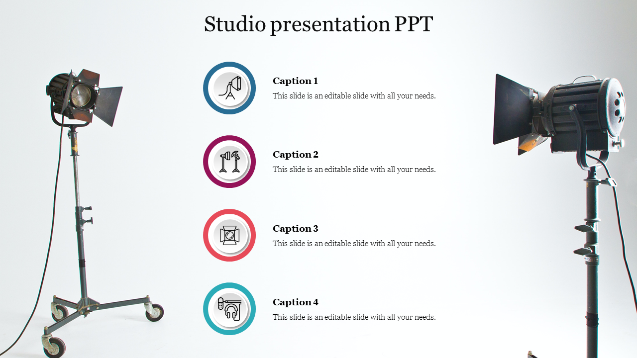 PowerPoint slide showing a studio setup with lighting equipment and color coded icons with captions.