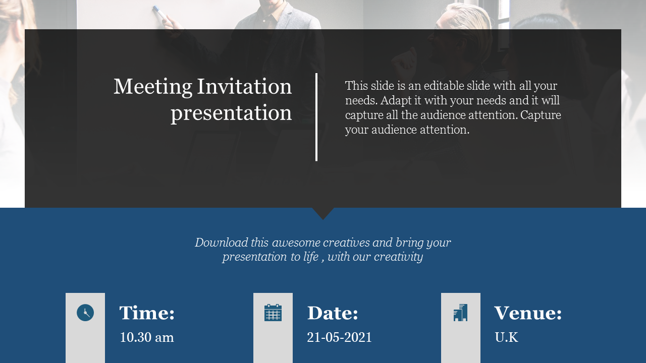 Meeting invitation slide with a dark overlay and blue footer featuring three icons for time, date, and venue details.